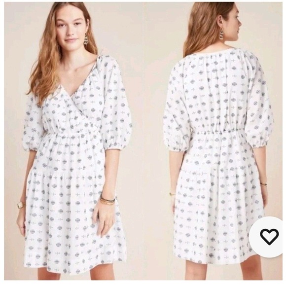 Anthropologie Dresses & Skirts - Anthropologie Marcie‎ Surplice Embroidered Puff Sleeve V Neck Dress Medium White